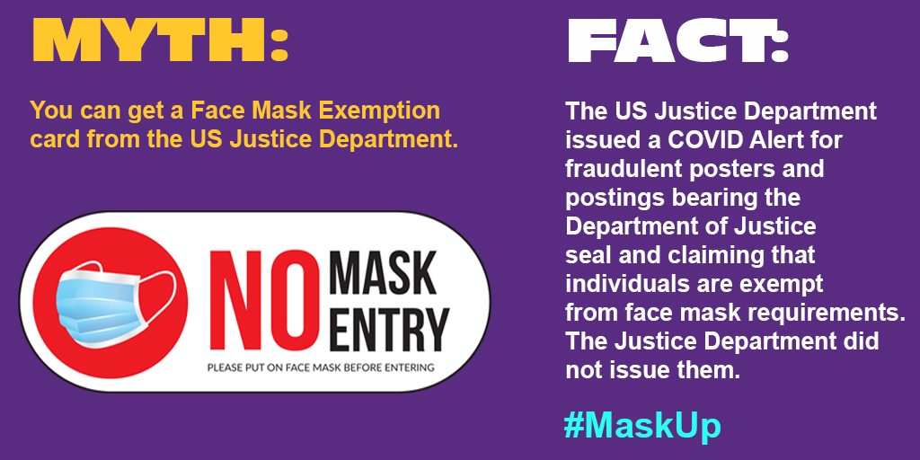 FACT: The US Justice Department issues a COVID Alert for fraudulent posters and postings bearing the Department of Justice seal and claiming that individuals are exempt from face mask requirements. The Justice Department did not issue them. #MaskUp